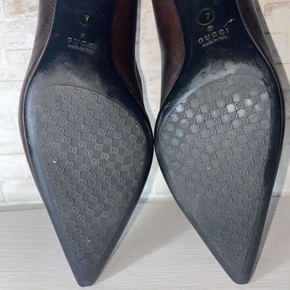 Authentic Gucci Chocolate Brown Classic Pointy Toe Casual Kitten Heel Pump Shoes - Picture 14 of 16